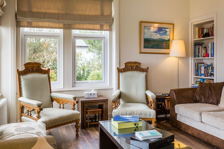 Lounge area with bookshelves
